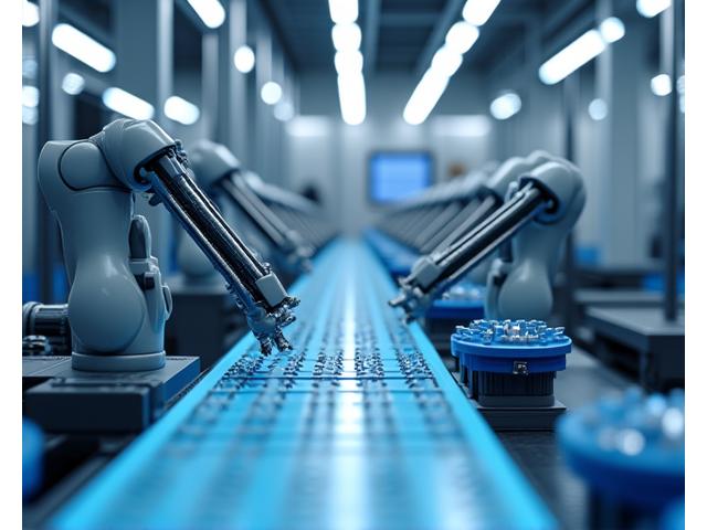 Linha de produção automatizada com braços robóticos operando precisamente em componentes, mostrando eficiência e tecnologia avançada.