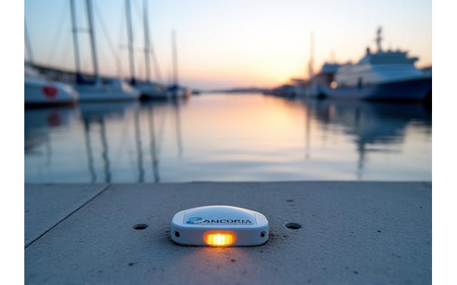 Sensor de monitorização de marés instalado numa marina, com um porto ao fundo