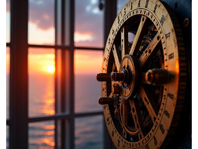 Farol da Ilha do Farol no Algarve, com a sua maquinaria de relógio visível, vista ao pôr do sol