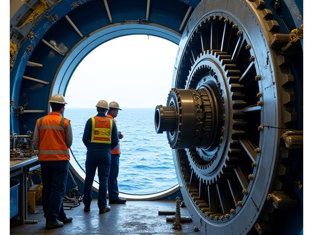 Manutenção de uma caixa de velocidades de grande escala num parque eólico offshore, com técnicos a trabalhar