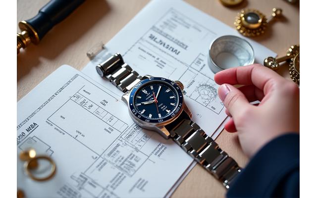 Mão a manusear um cronómetro marítimo moderno, com ferramentas técnicas na mesa