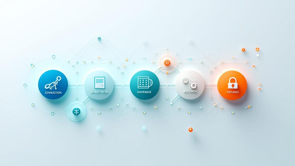 Diagrama de fluxo de dados abstrato mostrando o ciclo de vida dos dados, desde a recolha ao arquivamento, com ícones de segurança.
