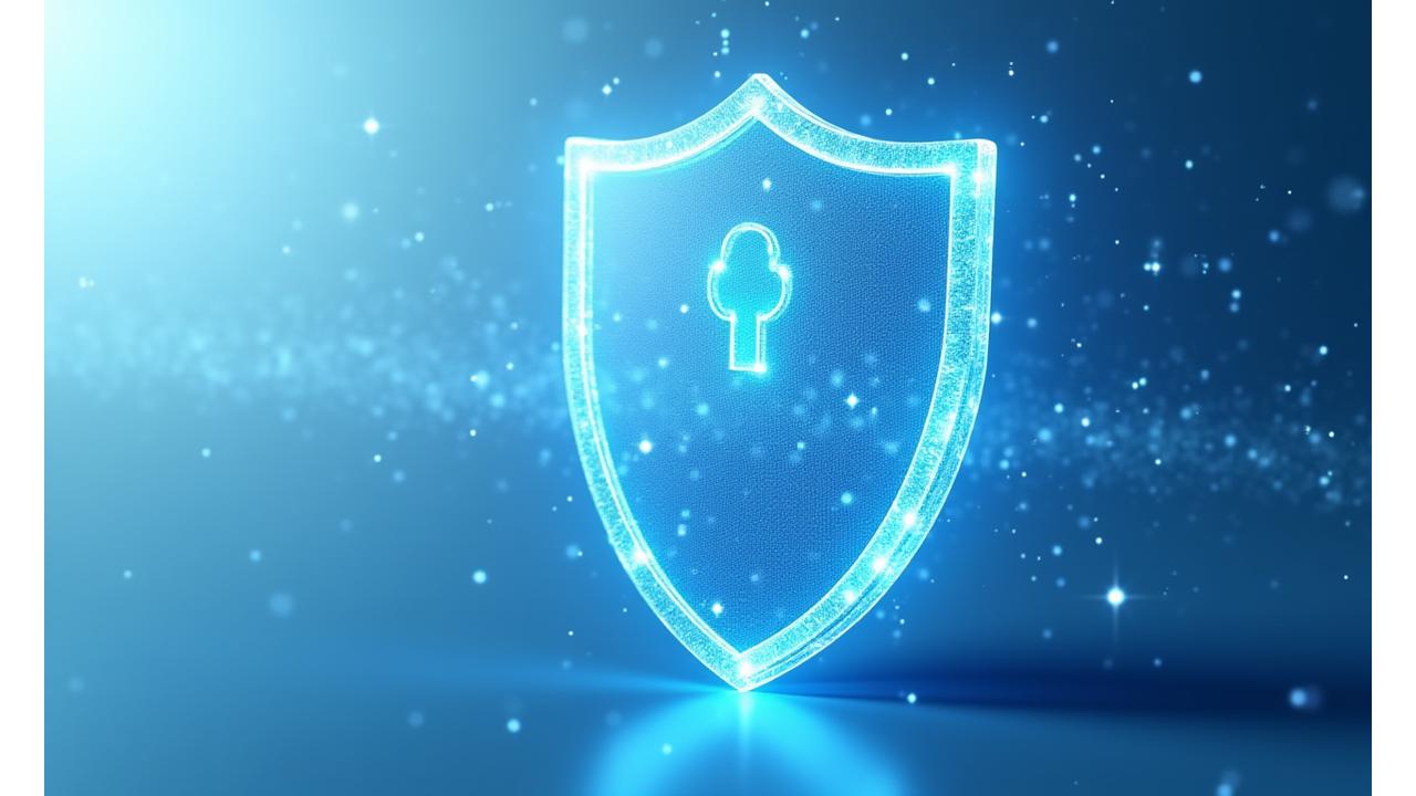 Escudo digital abstrato a proteger dados, representando segurança e privacidade.