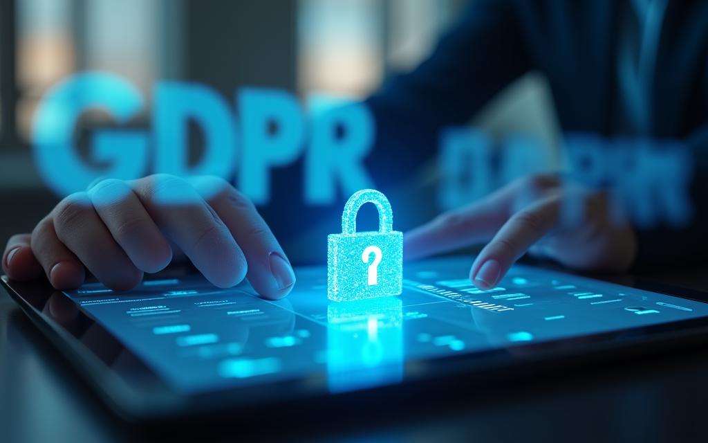 Mãos a preencher um formulário digital simplificado com um ícone de cadeado e RGPD ao fundo.