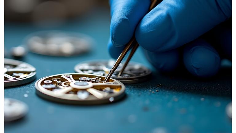 Close-up de mãos a trabalhar numa bancada de montagem de mecanismos de relógio, com ferramentas e componentes finos.