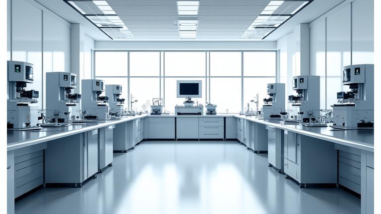 Interior de um laboratório de calibração moderno, com equipamentos de alta precisão e luz limpa.