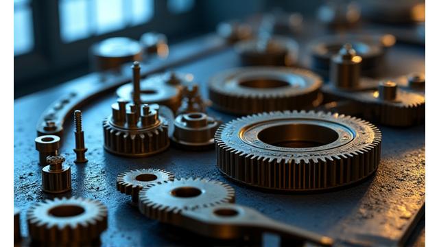 Engrenagens industriais de precisão sobre fundo metálico, com efeito de luz tecnológica.