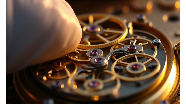 Mão de relojoeiro ajustando uma roda dentada de um cronómetro antigo, com luz dourada.