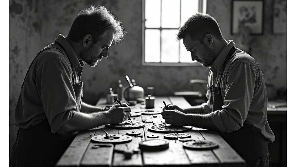 Antiga fotografia a preto e branco de relojoeiros trabalhando numa bancada em Faro