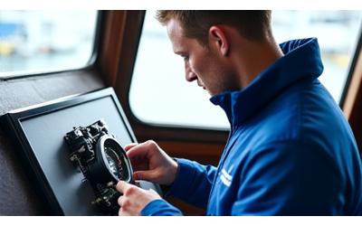 Engenheiro da Âncora Hora a instalar um sistema de temporização num painel de controlo de uma embarcação de pesca